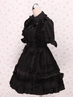 Toussaint Cospaly Costume Lolita Robe noire Lolita manches courtes dentelle garniture bandoulières Déguisements
