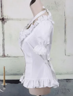 Toussaint Cospaly Costume Lolita blanc Blouse manches courtes encolure bretelles garniture volants en coton avec dentelle Déguisements Halloween