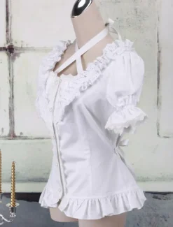 Toussaint Cospaly Costume Lolita blanc Blouse manches courtes encolure bretelles garniture volants en coton avec dentelle Déguisements Halloween