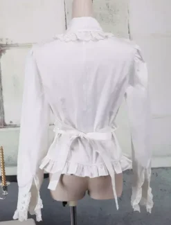 Toussaint Cospaly Costume Lolita blanc Blouse manches longues garniture Turn-down col volants en coton avec dentellegarniture Turn-down col volants Déguisements Halloween