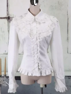 Toussaint Cospaly Costume Lolita blanc Blouse manches longues garniture Turn-down col volants en coton avec dentellegarniture Turn-down col volants Déguisements Halloween