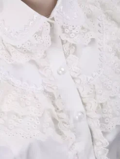 Toussaint Cospaly Costume Lolita blanc Blouse manches longues garniture Turn-down col volants en coton avec dentellegarniture Turn-down col volants Déguisements Halloween
