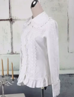 Toussaint Cospaly Costume Lolita blanc Blouse manches longues volants dentelle garniture Turn-down col en coton avec dentelle Déguisements Halloween