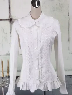 Toussaint Cospaly Costume Lolita blanc Blouse manches longues volants dentelle garniture Turn-down col en coton avec dentelle Déguisements Halloween