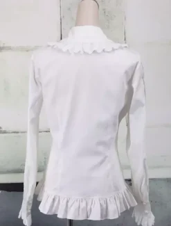 Toussaint Cospaly Costume Lolita blanc Blouse manches longues volants dentelle garniture Turn-down col en coton avec dentelle Déguisements Halloween