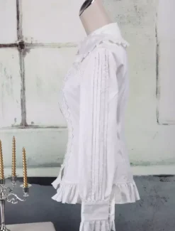 Toussaint Cospaly Costume Lolita blanc Blouse manches longues volants dentelle garniture Turn-down col en coton avec dentelle Déguisements Halloween