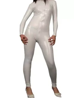 Toussaint Cosplay Costume de zentai blanc de combinaison métallisé brillant collant sans gants Déguisements Halloween