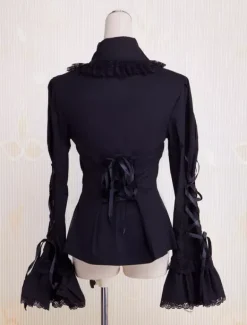 Toussaint Cosplay Lolita Blouse noire Hime longues en coton manches lacets Turn-down garniture de dentelle Déguisements Halloween