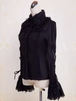 Toussaint Cosplay Lolita Blouse noire Hime longues en coton manches lacets Turn-down garniture de dentelle Déguisements Halloween