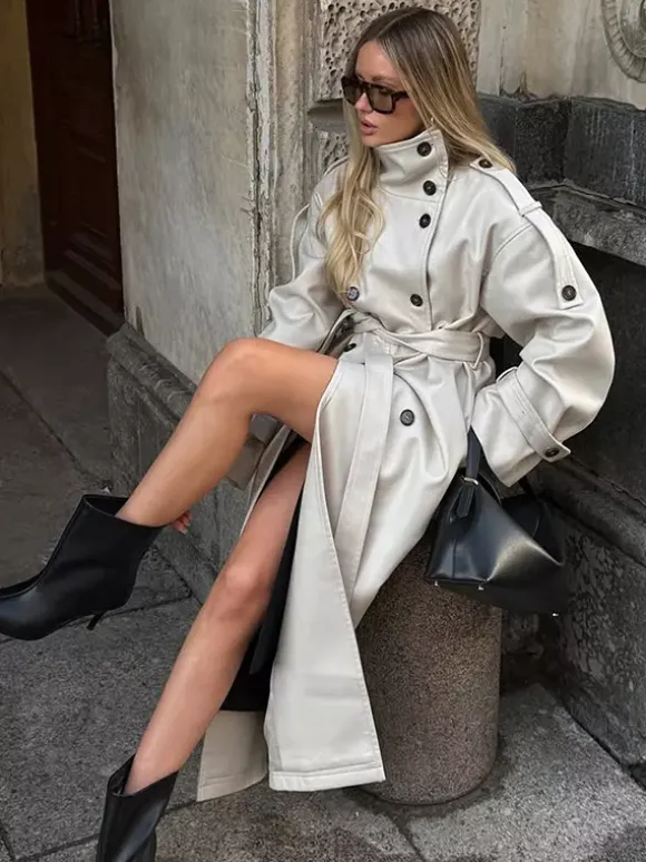Trench-coat à col cheminée pour femme - Manteau crème croisé à épaules tombantes et ceinture - Vêtements d'extérieur printemps 2026 parfaits pour le bureau et le dîner