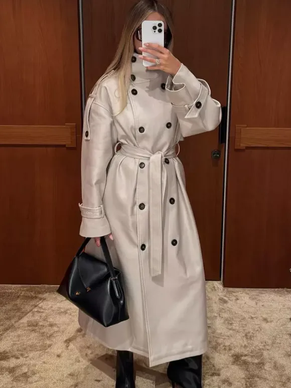 Trench-coat à col cheminée pour femme - Manteau crème croisé à épaules tombantes et ceinture - Vêtements d'extérieur printemps 2026 parfaits pour le bureau et le dîner