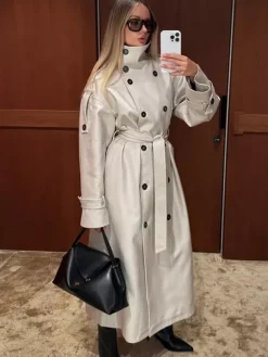 Trench-coat à col cheminée pour femme - Manteau crème croisé à épaules tombantes et ceinture - Vêtements d'extérieur printemps 2026 parfaits pour le bureau et le dîner