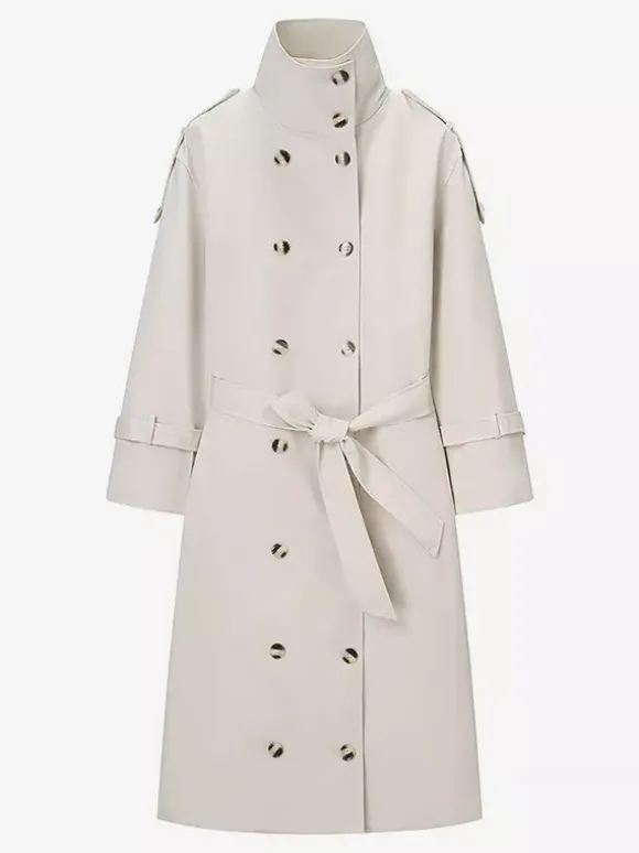 Trench-coat à col cheminée pour femme - Manteau crème croisé à épaules tombantes et ceinture - Vêtements d'extérieur printemps 2026 parfaits pour le bureau et le dîner