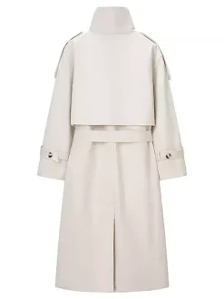 Trench-coat à col cheminée pour femme - Manteau crème croisé à épaules tombantes et ceinture - Vêtements d'extérieur printemps 2026 parfaits pour le bureau et le dîner