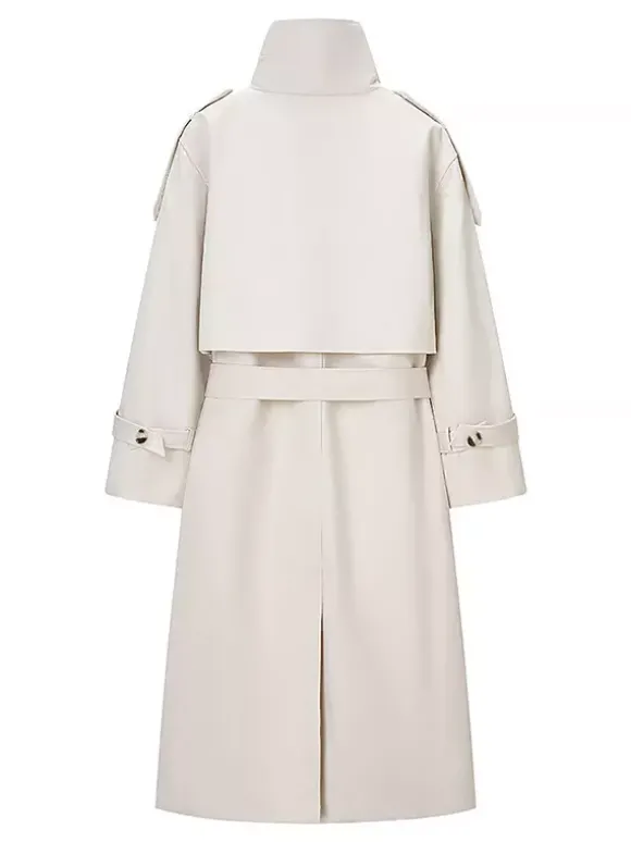 Trench-coat à col cheminée pour femme - Manteau crème croisé à épaules tombantes et ceinture - Vêtements d'extérieur printemps 2026 parfaits pour le bureau et le dîner