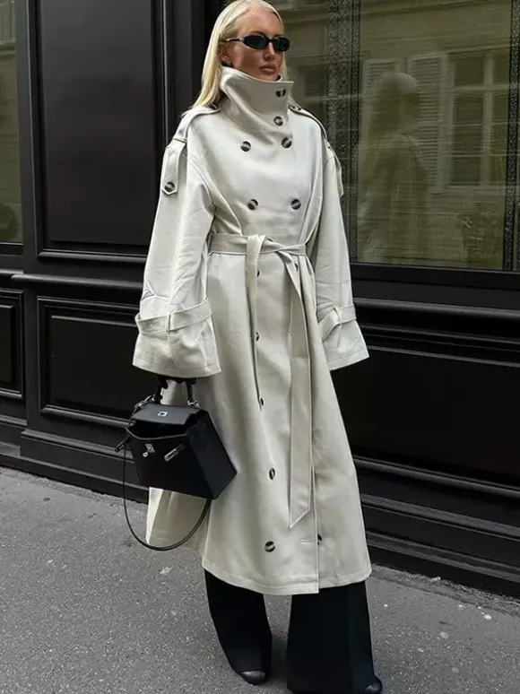 Trench-coat à col cheminée pour femme - Manteau crème croisé à épaules tombantes et ceinture - Vêtements d'extérieur printemps 2026 parfaits pour le bureau et le dîner