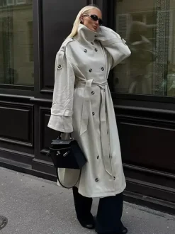 Trench-coat à col cheminée pour femme - Manteau crème croisé à épaules tombantes et ceinture - Vêtements d'extérieur printemps 2026 parfaits pour le bureau et le dîner