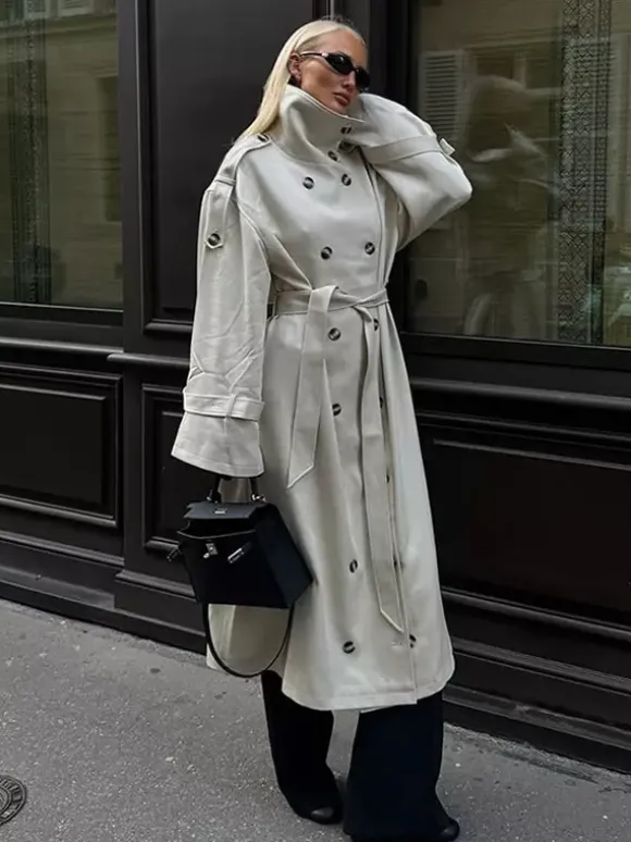 Trench-coat à col cheminée pour femme - Manteau crème croisé à épaules tombantes et ceinture - Vêtements d'extérieur printemps 2026 parfaits pour le bureau et le dîner