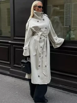 Trench-coat à col cheminée pour femme - Manteau crème croisé à épaules tombantes et ceinture - Vêtements d'extérieur printemps 2026 parfaits pour le bureau et le dîner