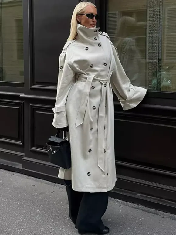 Trench-coat à col cheminée pour femme - Manteau crème croisé à épaules tombantes et ceinture - Vêtements d'extérieur printemps 2026 parfaits pour le bureau et le dîner