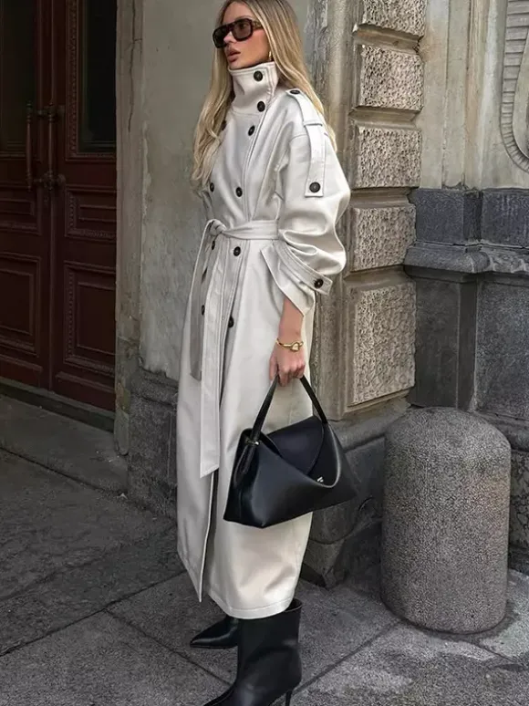 Trench-coat à col cheminée pour femme - Manteau crème croisé à épaules tombantes et ceinture - Vêtements d'extérieur printemps 2026 parfaits pour le bureau et le dîner