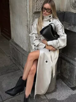 Trench-coat à col cheminée pour femme - Manteau crème croisé à épaules tombantes et ceinture - Vêtements d'extérieur printemps 2026 parfaits pour le bureau et le dîner