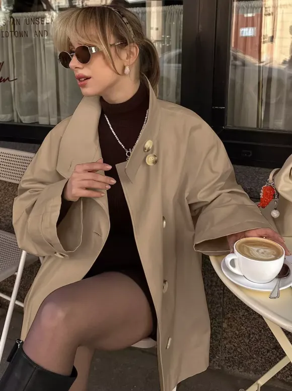 Trench-coat ample mi-long à revers croisé pour femme