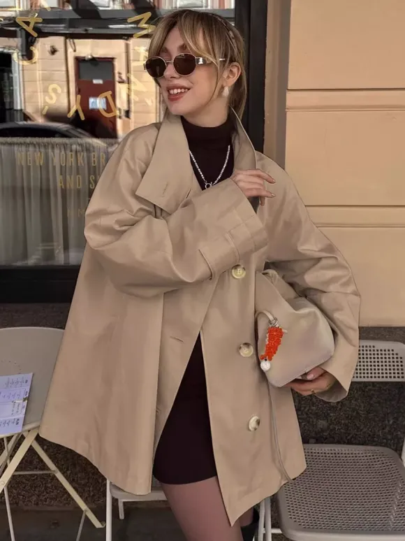 Trench-coat ample mi-long à revers croisé pour femme