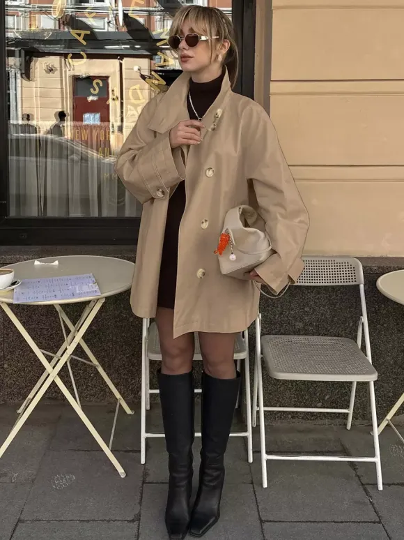 Trench-coat ample mi-long à revers croisé pour femme