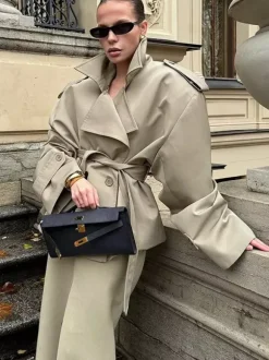 Trench-coat court pour femme - Coupe-vent court kaki chic à ceinture croisée - Vêtements d'extérieur décontractés pour le printemps et le bureau 2026