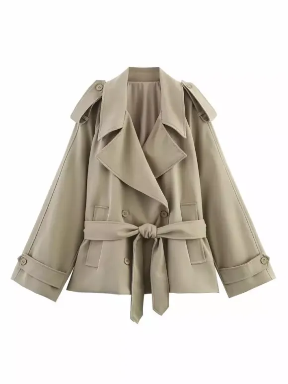 Trench-coat court pour femme - Coupe-vent court kaki chic à ceinture croisée - Vêtements d'extérieur décontractés pour le printemps et le bureau 2026