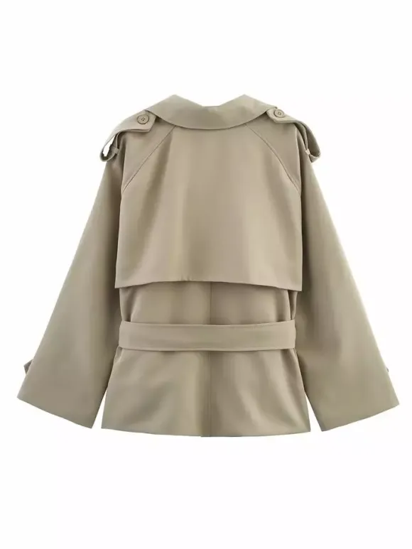 Trench-coat court pour femme - Coupe-vent court kaki chic à ceinture croisée - Vêtements d'extérieur décontractés pour le printemps et le bureau 2026
