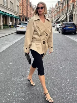 Trench-coat croisé pour femme - Coupe-vent court classique à revers et ceinture - Style streetwear décontracté et oversize printemps 2026