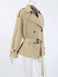 Trench-coat croisé pour femme - Coupe-vent court classique à revers et ceinture - Style streetwear décontracté et oversize printemps 2026