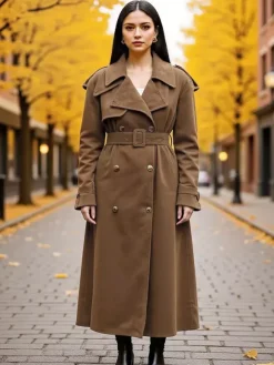Trench-coat en faux daim pour femme - Veste maxi rétro croisée ceinturée - Style printemps-été 2026