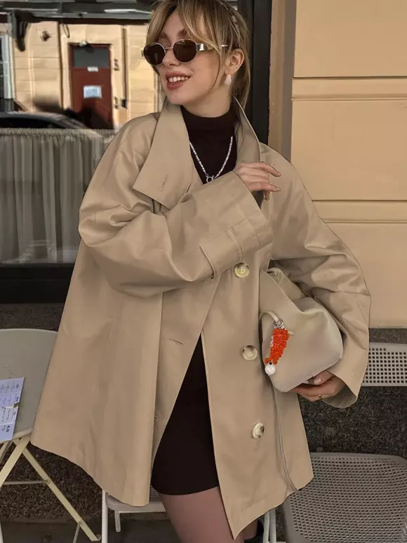 Trench-coat femme en mélange de coton - Coupe oversize minimaliste à double boutonnage et manches larges - Collection printemps-été 2026