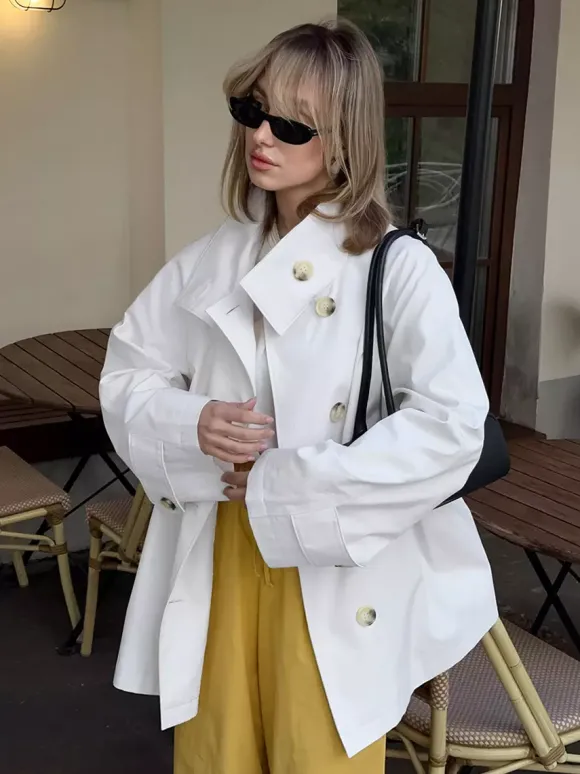 Trench-coat femme en mélange de coton - Coupe oversize minimaliste à double boutonnage et manches larges - Collection printemps-été 2026