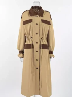 Trench-coat long Barn Color Block pour femme - Coupe longue utilitaire à cordon de serrage - Style safari idéal pour le printemps 2026