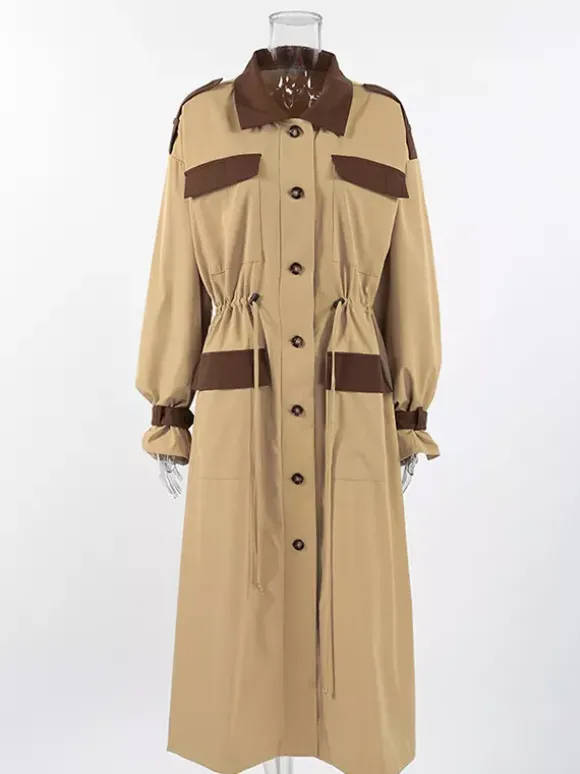 Trench-coat long Barn Color Block pour femme - Coupe longue utilitaire à cordon de serrage - Style safari idéal pour le printemps 2026