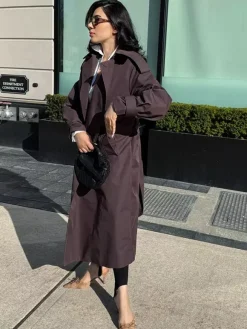 Trench-coat oversize pour femme - Coupe-vent maxi croisé chic marron chocolat - Idéal pour les soirées de printemps 2026