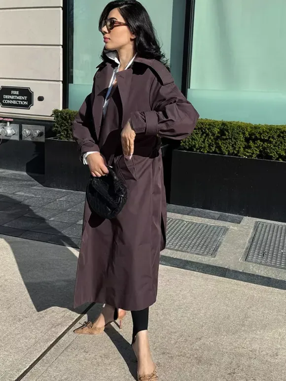 Trench-coat oversize pour femme - Coupe-vent maxi croisé chic marron chocolat - Idéal pour les soirées de printemps 2026