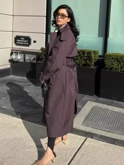 Trench-coat oversize pour femme - Coupe-vent maxi croisé chic marron chocolat - Idéal pour les soirées de printemps 2026