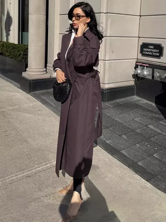 Trench-coat oversize pour femme - Coupe-vent maxi croisé chic marron chocolat - Idéal pour les soirées de printemps 2026