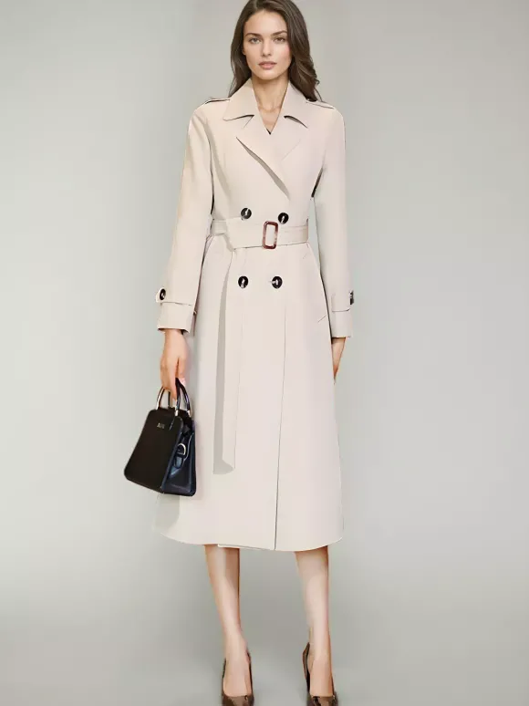 Trench-Coat Veste Femme Boutons Décontracté Col Rabattu Manches Longues Lacets En Polyester