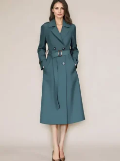 Trench-Coat Veste Femme Boutons Décontracté Col Rabattu Manches Longues Lacets En Polyester