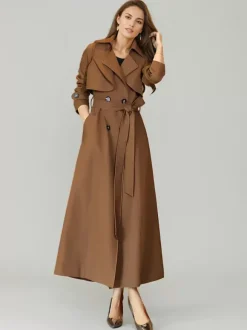 Trench-Coat Veste Longue Femme En Polyester Chic Col Rabattu Boutons Manches Longues Rouge