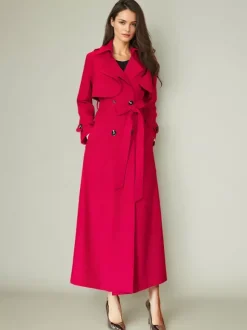 Trench-Coat Veste Longue Femme En Polyester Chic Col Rabattu Boutons Manches Longues Rouge