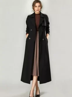 Trench-Coat Veste Longue Femme Moderne Polyester Col Rabattu Boutons Manches Longues