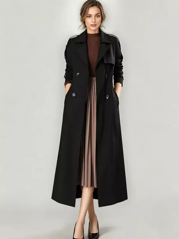Trench-Coat Veste Longue Femme Moderne Polyester Col Rabattu Boutons Manches Longues