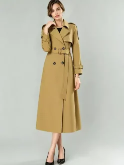 Trench-Coat Veste Longue Femme Moderne Polyester Col Rabattu Boutons Manches Longues